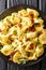 Tortelloni with bacon, cheese and green onions close-up in a plate. Vertical top view