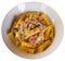 Tortiglioni in carbonara cheese sauce with cured meat guanciale
