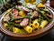 Tortiglioni with sausages, parmesan and asparagus on wooden table