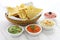 Tortilla chips with four dips