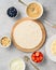 Tortilla cooking process with different fillings of peanut butter, banana, strawberry, blueberry, almond. Food trend