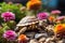 Tortoise hides in the among the flowers in spring. Generative AI