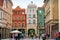 Torun, Poland - August 11, 2021. Picturesque old buildings in crossing streets Rozana and Piekary in Summer