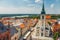 Torun, Poland - June 01, 2018: Aerial view of historical buildings and roofs in Polish medieval town Torun, Poland. Torun is the p