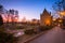 Torun, Poland - March 30, 2019: Architecture of the old town in Torun at dusk, Poland. Torun is one of the oldest cities in Poland