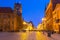 Torun, Poland - March 30, 2019: Architecture of the old town in Torun at dusk, Poland. Torun is one of the oldest cities in Poland