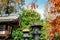 Toshogu shrine Japanese traditional lamp with autumn leaves at Ueno park in Tokyo, Japan