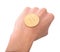 Tossing Golden Bitcoin in a man hand. heads or tails you decide.