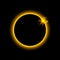 Total eclipse solar. Sun planet glows in ring. Circle earth in fire. Moon light on night space. Full eclipse with red aura on