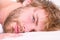 Total relax concept. Man unshaven bearded face sleep relax or just wake up. Guy bearded macho relax in morning. Man