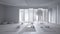 Total white project draft, empty yoga studio interior design, mats, pillows and accessories, patio house, inner garden with tree