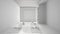 Total white project draft of empty yoga studio interior design, space with mats, pillows and accessories, parquet, wooden roof and