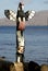 Totem overlooking outrigger canoes in the distance on the island of Maui, Hawaii.