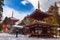 Toto Pagoda in Danjo Garan, Koyasan, covered with snow on a sunny winter day, Japan