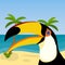 Toucan on the background of the ocean and palm trees