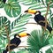 Toucan birds natural habitat in exotic tropical jungle rainforest fern greenery. Vivid bright green seamless pattern.