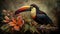 Toucan on Branch: Colorful Birds and Flowers in Earthy Palettes, Generative AI