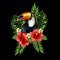 Toucan embroidery patches with tropical flowers and leaves.