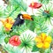 Toucan, gecko, tropical leaves, exotic flowers. Seamless jungle pattern. Watercolor