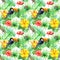 Toucan, gecko, tropical leaves, exotic flowers. Seamless jungle pattern. Watercolor