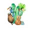 Toucan, guitar, cactus, palm watercolor. Festa Junina illustration