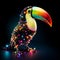 toucan made of light sources on dark background