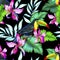 Toucan and orchids, tropical seamless patern.