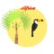Toucan and palm tree illustration in the background of the circle with the inscription Africa. Vector.