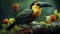 Toucan perched on a branch with raindrops falling on it. Generative AI