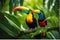 Toucan Perched on Gnarled Branch: Iridescent Feathers Catch Jungle\\\'s Dappled Light