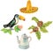 Toucan sitting on a branch , sombrero, coffee