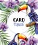 Toucan tropic card Vector watercolor. Exotic summer templates with orchid flowers decor
