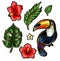 Toucan and tropical flowers and leaves embroidery elements.