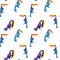 Toucans, exotic tropical birds watercolor seamless pattern on white background.