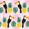 Toucans and pineapples seamless pattern on pink tropical leaves.