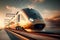 With a touch of artistic motion blur, a high-speed train effortlessly zooms past the railway station during the golden hour of