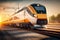 With a touch of artistic motion blur, a high-speed train effortlessly zooms past the railway station during the golden hour of