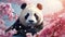 A touching portrait of anthropomorphic panda against the backdrop of flowering Sakur