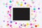 Touchpad with blank screen on colorful confetti background. Birthday party background with touchscreen pc