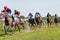 Tough fight between many jockeys riding arabian race horses, trees in the background