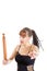 Tough girl in black dress threatening with rolling pin