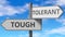 Tough and tolerant as a choice - pictured as words Tough, tolerant on road signs to show that when a person makes decision he can