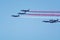 Toulon rade, FRANCE - August 15, 2018: Patrouille de France aerobatics team, famous demonstration of French Air force, Alpha jets