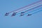 Toulon rade, FRANCE - August 15, 2018: Patrouille de France aerobatics team, famous demonstration of French Air force, Alpha jets