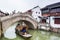 A tour boat passing through a stone bridge in Zhujiajiao, an ancient water town in Shanghai, built during Ming and Qing Dynasties