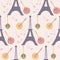 Tour eiffel, guitars and music in a seamless pattern design