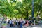 A tour group gathers in Pioneer Square