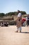 Tour guide in authentic antique clothing