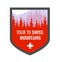 Tour to Swiss Alps - Coat of Arms, Vector blazon illustration in red color with Alpine mountains and forest