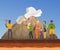 Tour vacation with guide, vector cartoon illustration of smoking vulcan, a group of tourists listening to the history of